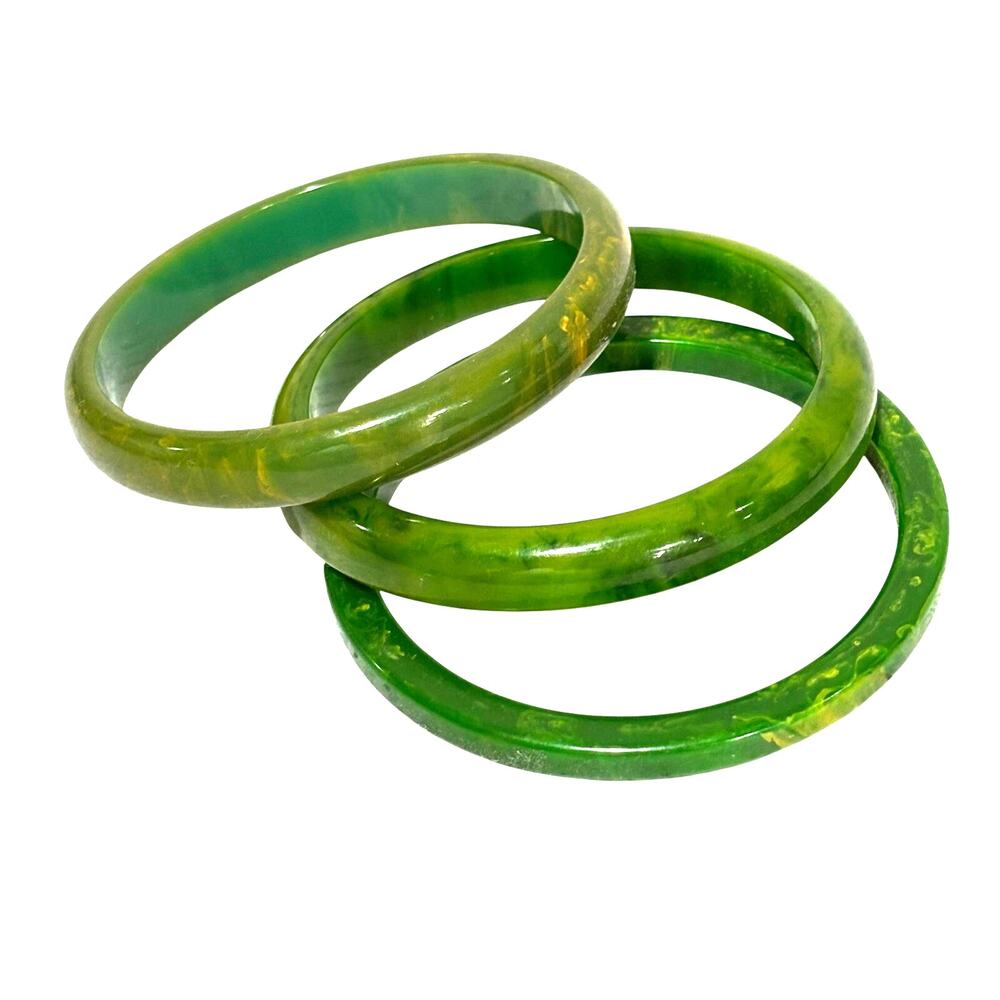 Vintage Bakelite Bracelets (3) green swirl bangles variety one size collection